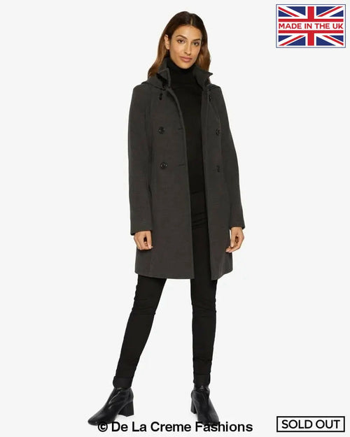 Grey Rose Eleusis double-breasted hooded coat, stylish jacket with button details, suitable for outdoor wear.
