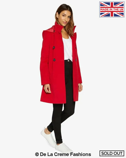 Red Rose Eleusis double-breasted hooded coat, stylish jacket with front buttons and hood, perfect for cold weather.