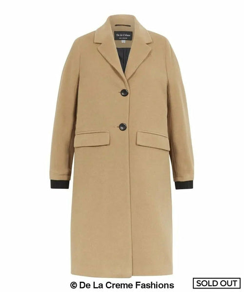 Camel wool blend winter coat for women by Rose Eleusis, knee-length jacket with warm, cozy fabric and stylish design.