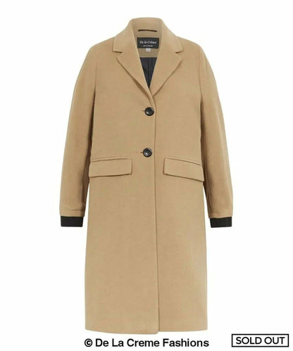Camel wool blend winter coat for women by Rose Eleusis, knee-length jacket with warm, cozy fabric and stylish design.