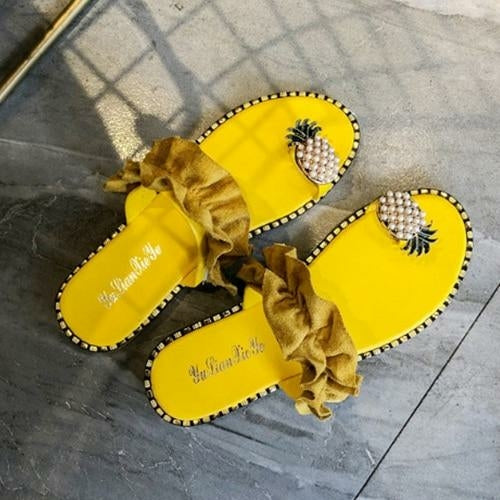 Coffee Jasper summer beach pineapple flat slippers for ladies, outdoor slide sandals with tropical pineapple design.