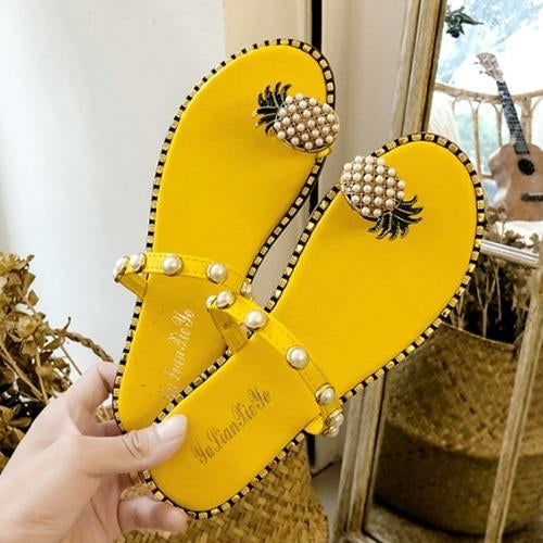 Coffee Jasper summer beach pineapple flat slippers for ladies, outdoor slide shoes with tropical pineapple design.