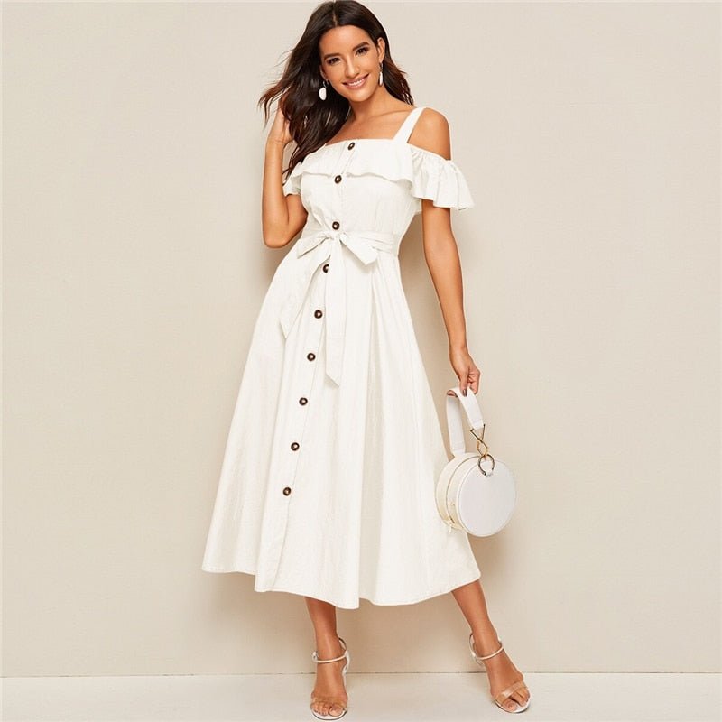 White Button-Down MIDI Dress with tie waist from Jade Iapetus, featuring a classic collar and elegant silhouette.