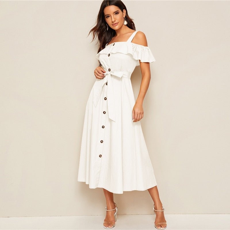 White button-down MIDI dress by Jade Iapetus with a fresh tie waist, styled with long sleeves and a sleek, elegant silhouette.