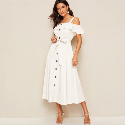 White button-down MIDI dress by Jade Iapetus with a fresh tie waist, styled with long sleeves and a sleek, elegant silhouette.