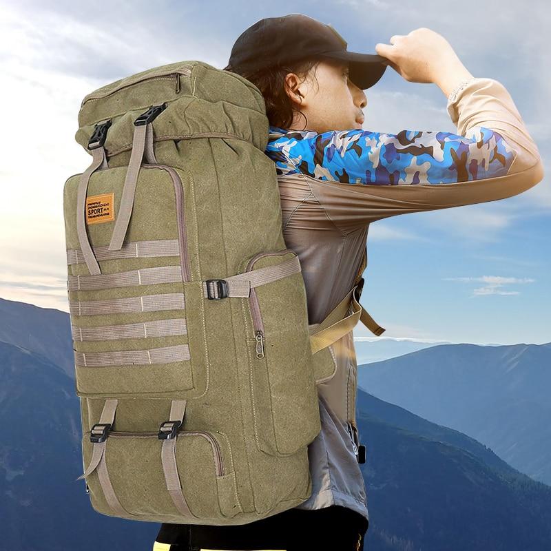 Yellow Pandora waterproof outdoor camping and hiking backpack with 100L large capacity, shown with multiple compartments and sturdy straps.