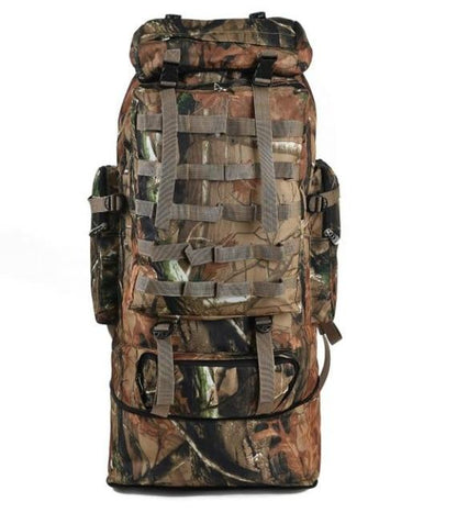 Yellow Pandora waterproof outdoor camping hiking backpack with 100L large capacity, shown in a rugged outdoor setting.