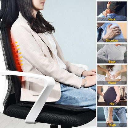 Yellow Pandora portable vibrating heat therapy massage cushion on mattress for healthcare and relaxation.