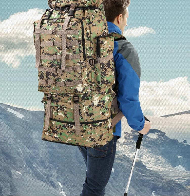 Yellow Pandora waterproof outdoor camping hiking backpack with 100L large capacity, featuring multiple compartments and adjustable straps.