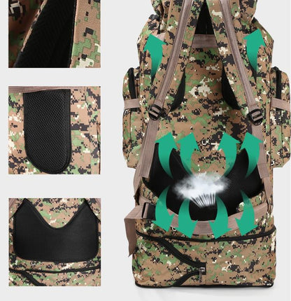 Yellow Pandora waterproof outdoor camping hiking backpack with 100L large capacity, featuring multiple compartments and adjustable straps.