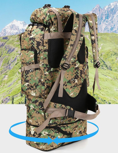 Yellow Pandora waterproof outdoor camping hiking backpack with 100L large capacity, shown with multiple compartments and sturdy straps.