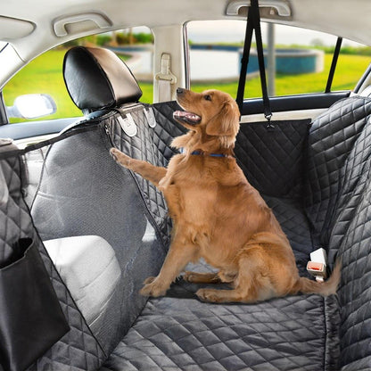 Yellow Pandora waterproof pet car seat cover protecting car seats from pet fur and mess, with adjustable straps and non-slip backing.