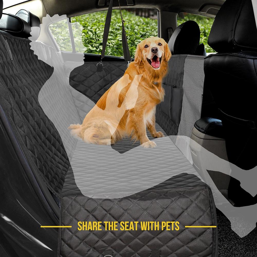 Yellow Pandora waterproof pet car seat cover showing a durable fabric cover installed on a car seat with pets resting on it.