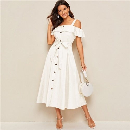 White button-down MIDI dress with fresh tie waist by Jade Iapetus, featuring a stylish and elegant design.