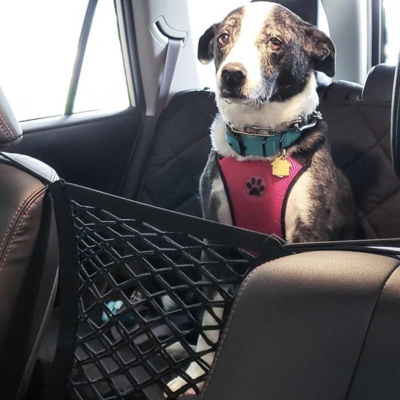 Yellow Pandora premium pet car net petition securing pets in vehicle with durable mesh and adjustable straps for safety.
