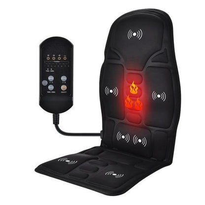 Yellow Pandora portable vibrating heat therapy massage cushion on mattress, designed for relaxation and pain relief in healthcare.