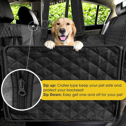 Yellow Pandora waterproof pet car seat cover designed for pets, showing durable fabric and secure attachment straps.