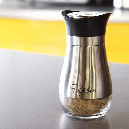 Stainless steel and glass salt and pepper shakers set by Yellow Pandora, BPA-free kitchen spice containers, 4oz capacity.