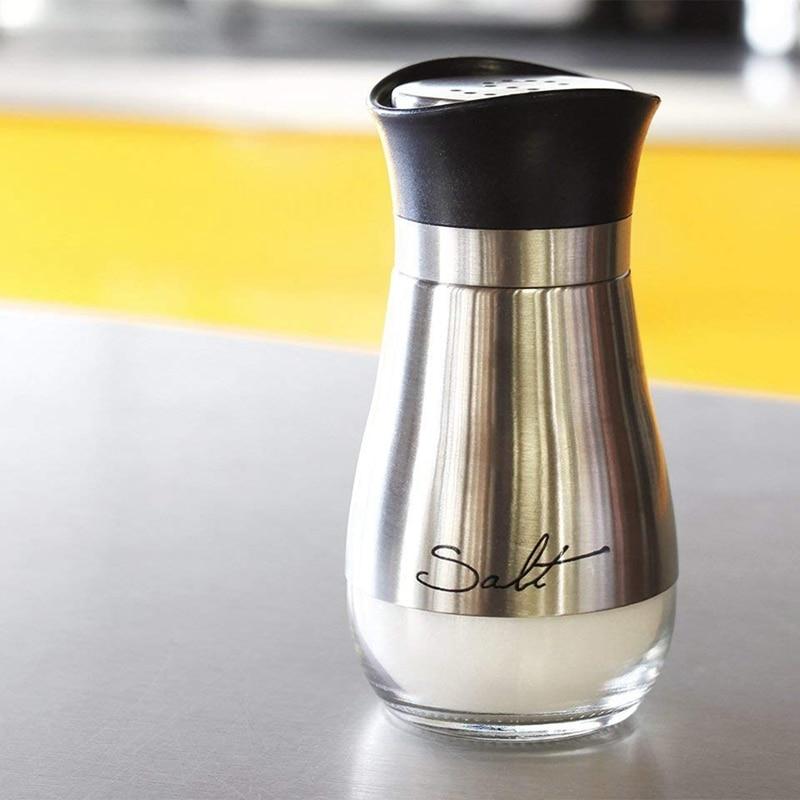 Yellow Pandora stainless steel and glass salt and pepper shakers set, BPA-free kitchen spice containers, 4oz capacity.