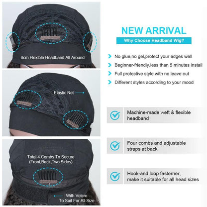 Deep wave human hair headband wig by Cerise Alfie, featuring a no-glue, easy-wear design with a stylish scarf detail.