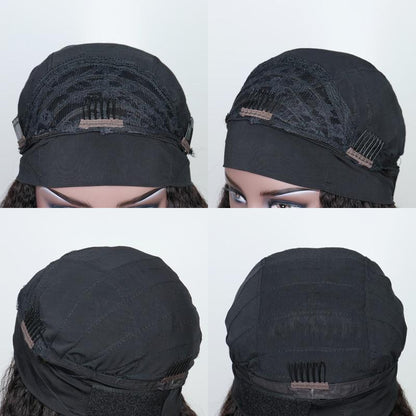 Cerise Alfie Jerry Curl human hair headband wig with scarf, easy-to-wear, no glue bath and beauty accessory, close-up view