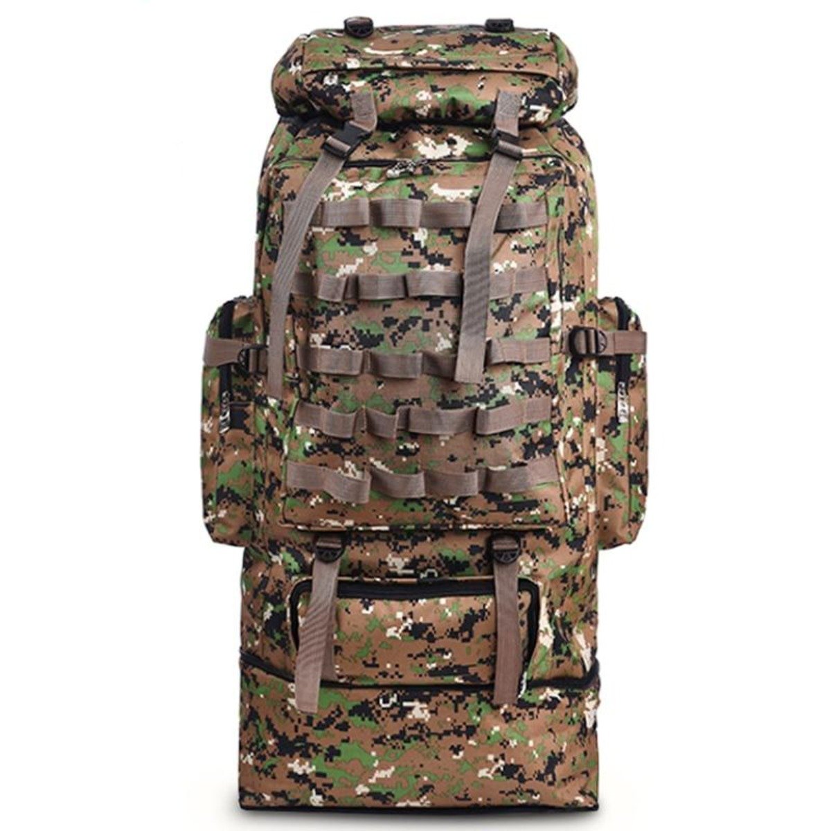 Yellow Pandora waterproof outdoor camping hiking backpack with 100L large capacity, featuring multiple compartments and adjustable straps.