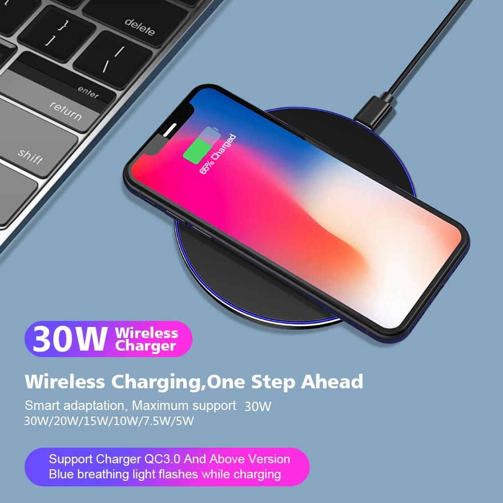 Yellow Pandora Dragon W9 30W wireless charging pad for mobile and laptops, sleek black design with charging indicator light.