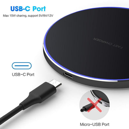 Yellow Pandora Dragon W9 30W wireless charging pad for mobile devices and laptops, sleek black design with charging indicator light.