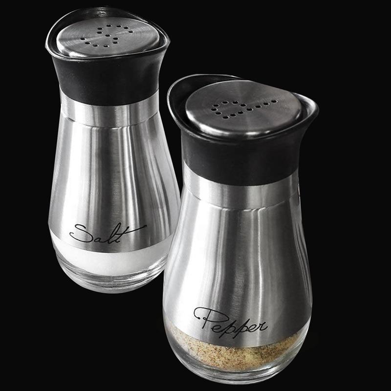 Stainless steel and glass salt and pepper shakers set by Yellow Pandora, BPA-free kitchen spice shakers, 4oz capacity