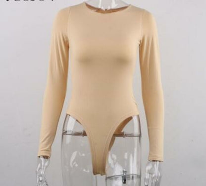 Grey Beech O neck long sleeve bodysuit, a stylish jumpsuit with fitted design and soft fabric, perfect for casual wear.