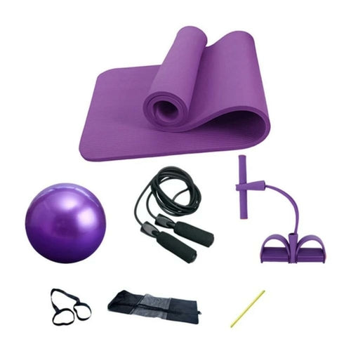 Yellow Pandora Deluxe Yoga Fitness 5-piece exercise set with yoga mat, resistance bands, and accessories for workout routines.