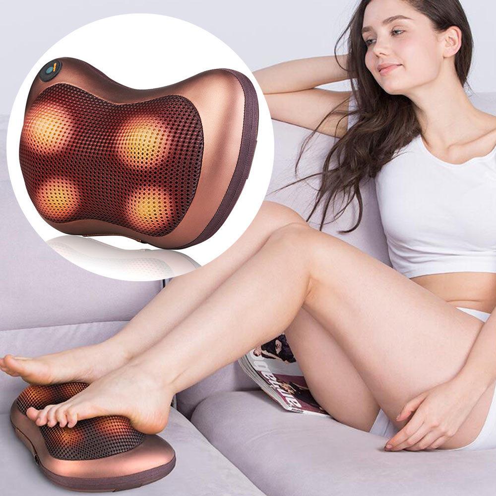 Yellow Pandora portable 4-head massage pillow for healthcare, showing its compact design and soft fabric cover.