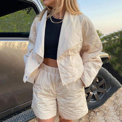 Grey Beech quilted high waist shorts and crop jacket matching set, stylish and comfortable for casual wear.