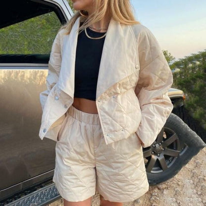 Grey Beech quilted high waist shorts and crop jacket matching set, showing the coordinated quilted fabric and stylish fit.