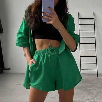 Green summer casual shorts suits by Grey Beech, includes a matching short sleeve shirt and shorts for streetwear style.