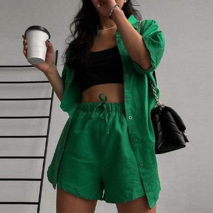 Green streetwear summer casual shorts and short sleeve shirt matching set by Grey Beech, featuring a relaxed, stylish design.