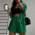 Green streetwear summer casual shorts and short sleeve shirt matching set by Grey Beech, featuring a relaxed, stylish design.