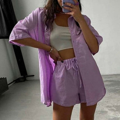 Green summer casual shorts suit with matching short sleeve shirt, streetwear style, by Grey Beech, 2-piece matching set.
