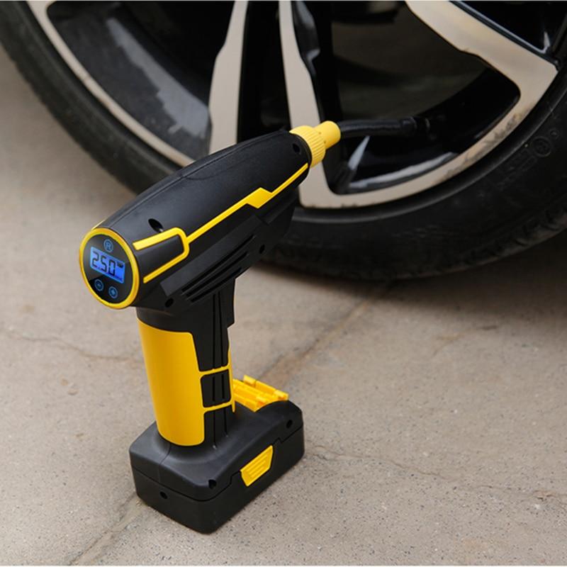 Yellow Pandora portable tire inflator air pump for automotive use, compact device with digital display and air hose attachment.