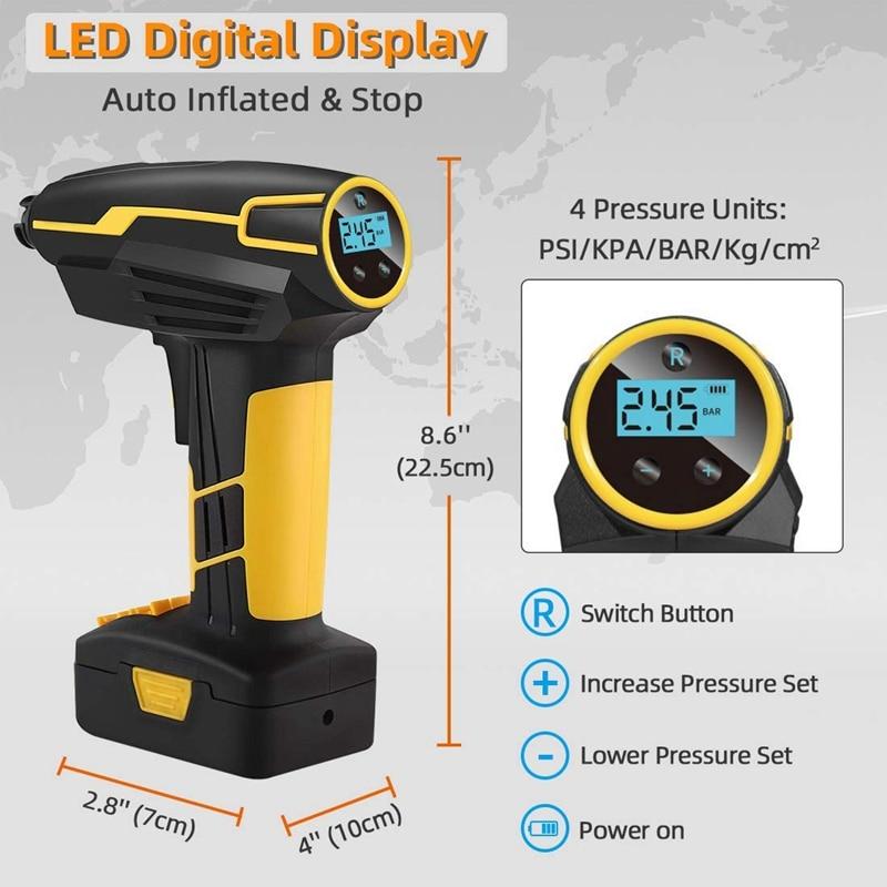 Yellow Pandora portable automotive tire inflator air pump with digital display and compact design for easy inflation.