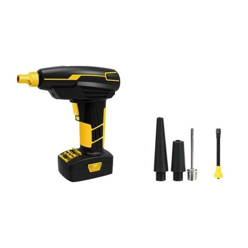 Yellow Pandora portable tire inflator air pump for automotive use, compact device with digital pressure display and hose attachment.