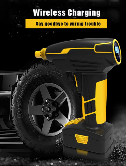 Yellow Pandora portable tire inflator air pump for automotive use, compact design with digital display and multiple nozzle attachments.