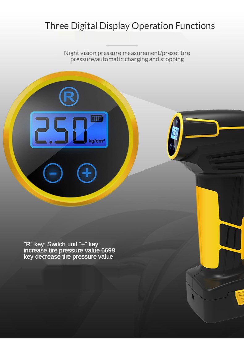 Yellow Pandora portable tire inflator air pump for automotive use, showing compact design and digital pressure display.