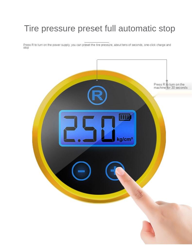 Yellow Pandora portable tire inflator air pump for automotive use, compact device with digital pressure gauge and air hose.