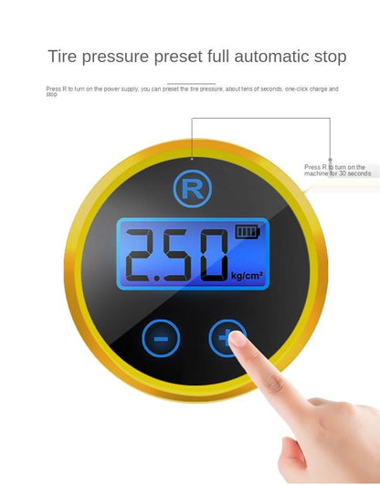 Yellow Pandora portable tire inflator air pump for automotive use, compact device with digital pressure gauge and air hose.
