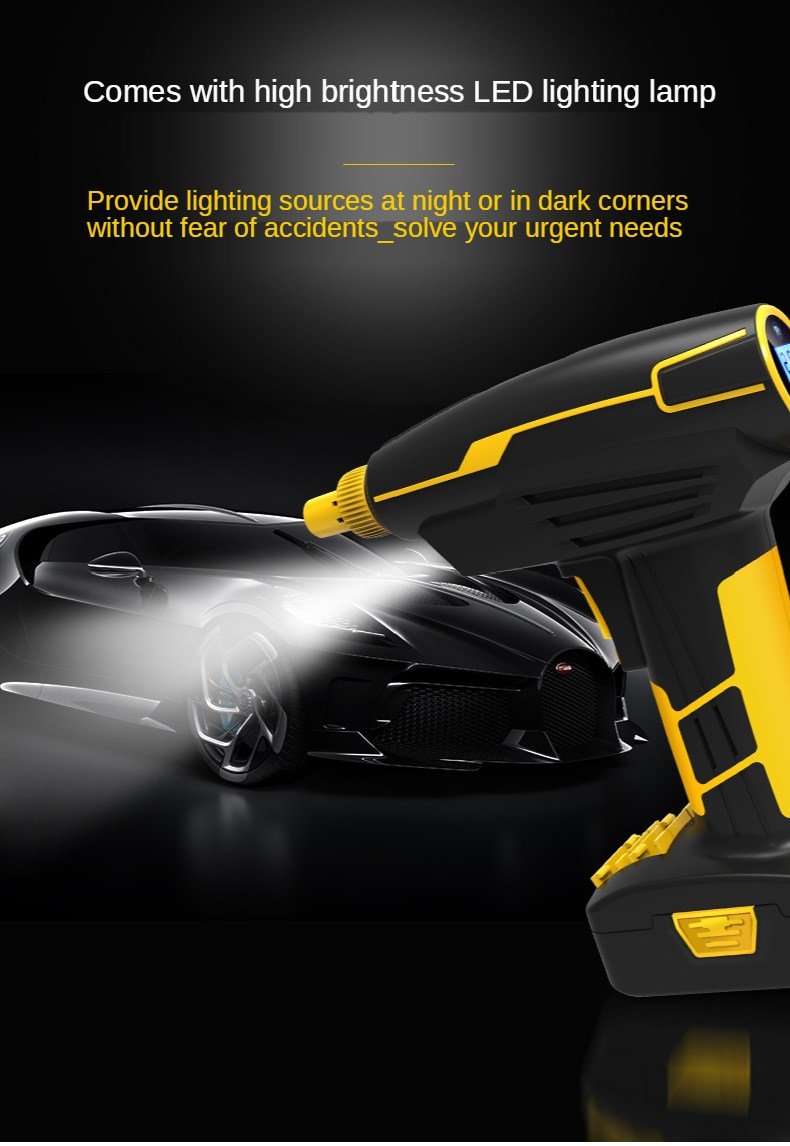 Yellow Pandora portable automotive tire inflator air pump with digital display and compact design for easy inflation.