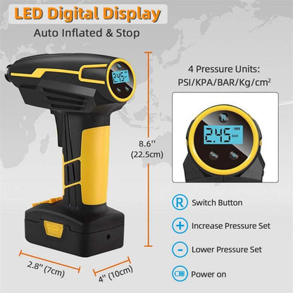 Yellow Pandora portable automotive tire inflator air pump with digital display and compact design for easy inflation.