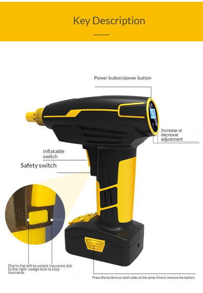 Yellow Pandora portable automotive tire inflator air pump with digital display and power cord for easy inflation.
