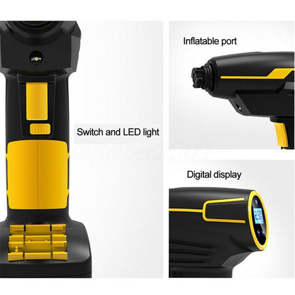 Yellow Pandora portable automotive tire inflator air pump for quick, convenient tire inflation at home or on the go.