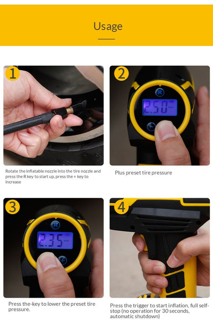 Yellow Pandora portable tire inflator air pump for automotive use, compact and easy to carry for quick tire inflation.